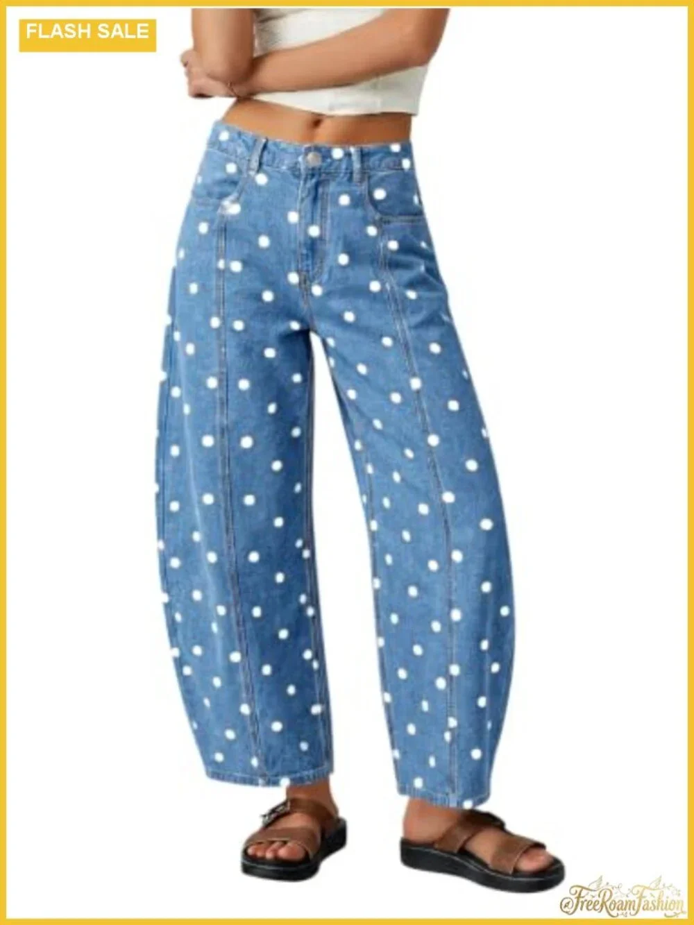 Polka Dot High Waisted Wide Leg Denim Jeans